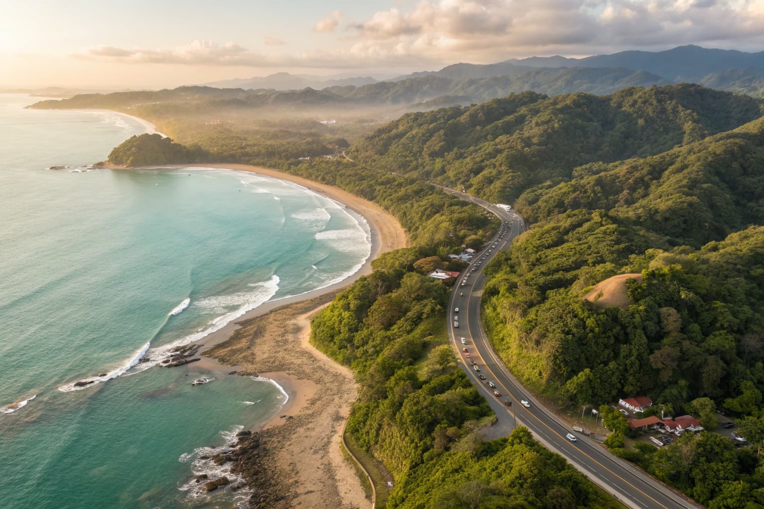 Aerial view of the coastal highway connecting Jaco to nearby Costa Rica destinations