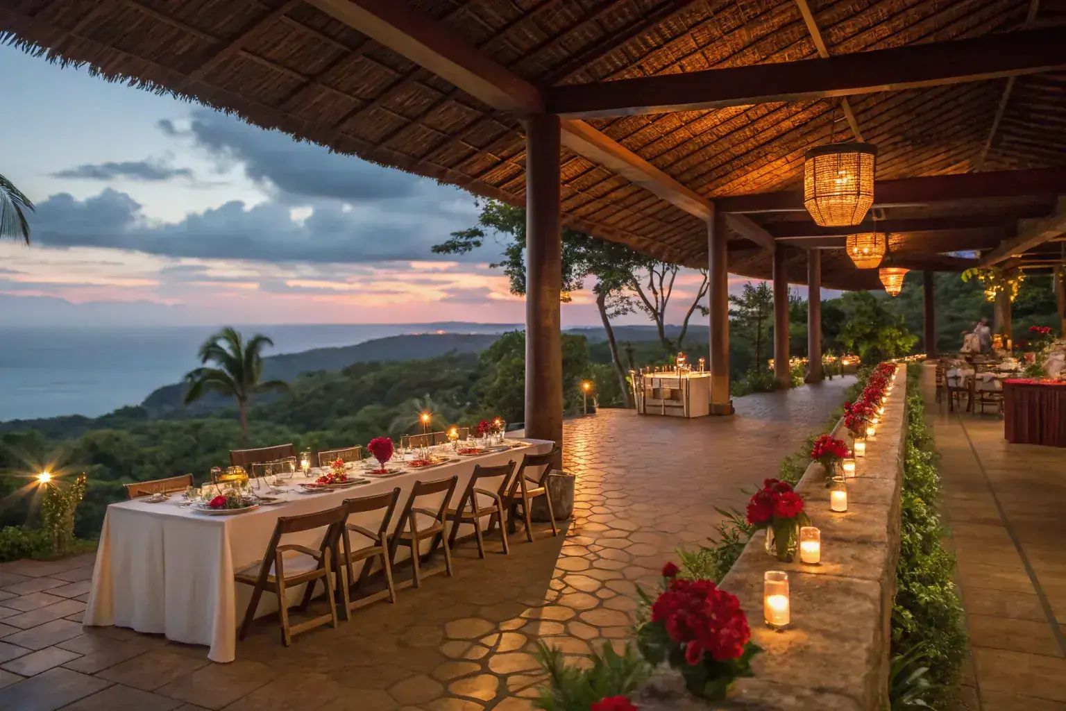 Luxury corporate incentive travel gala dinner at tropical open-air venue in Costa Rica
