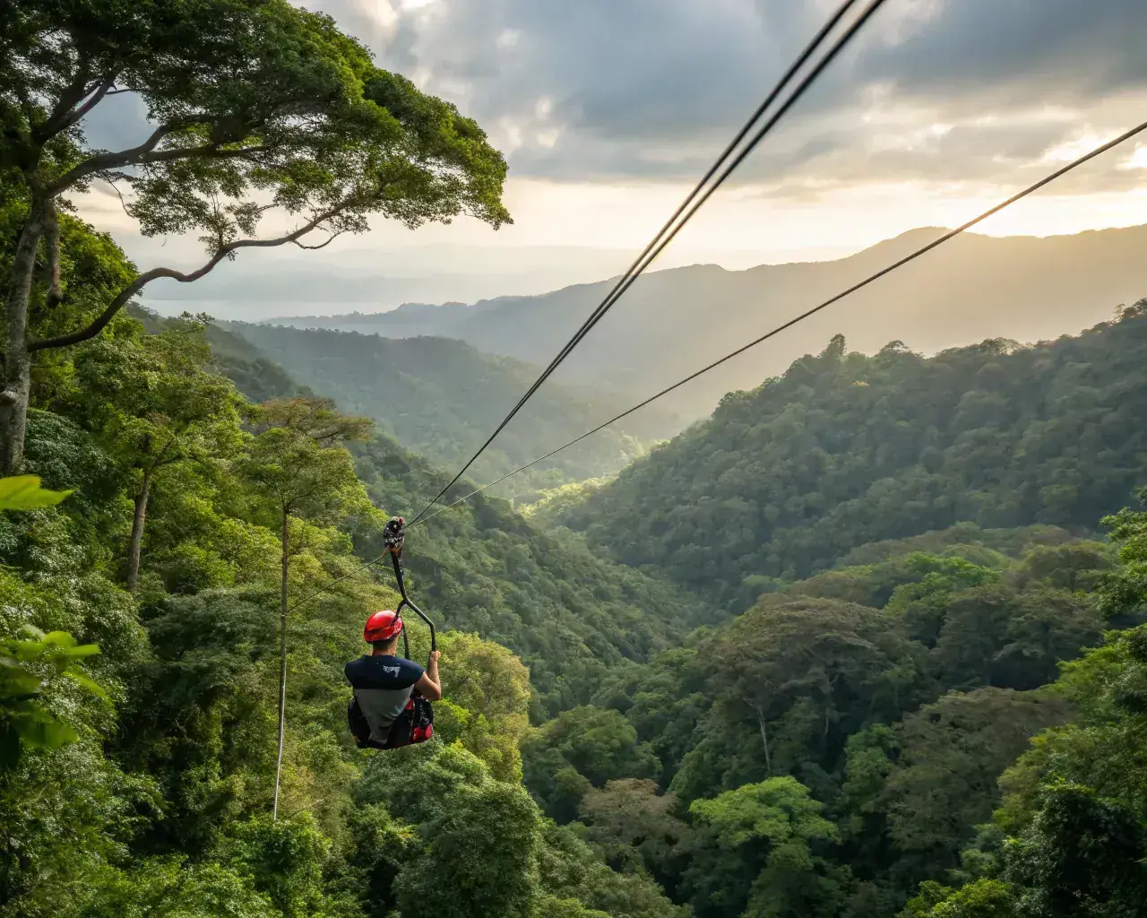 Corporate team building zip-line adventure through Costa Rica rainforest canopy