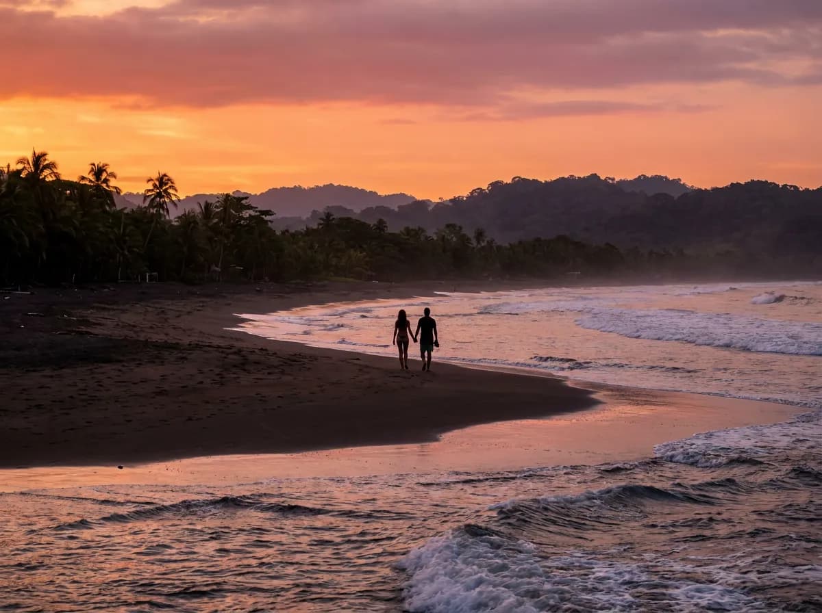 Couple walking on Jaco Beach at sunset