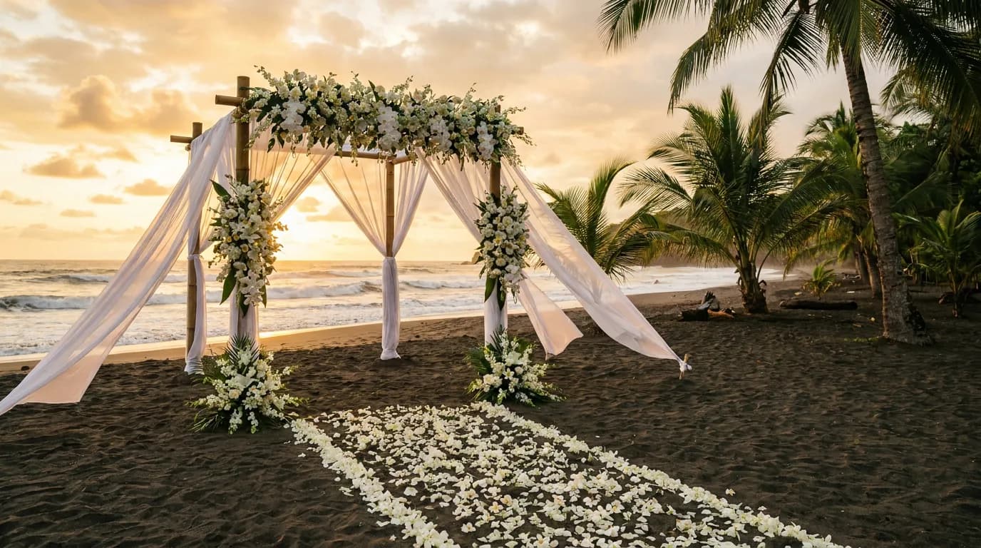 Beach wedding ceremony at sunset in Jaco