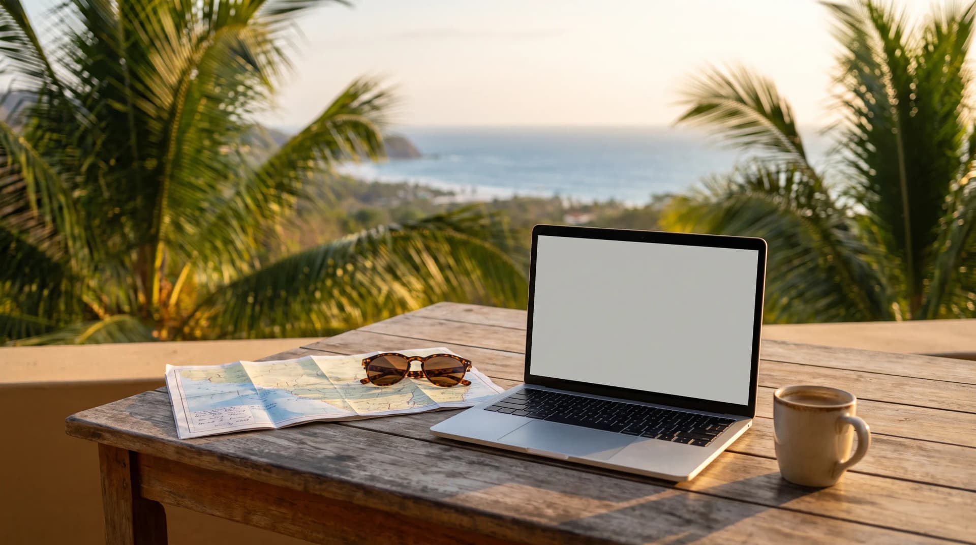 Planning a Costa Rica vacation from a villa terrace overlooking the Pacific coast
