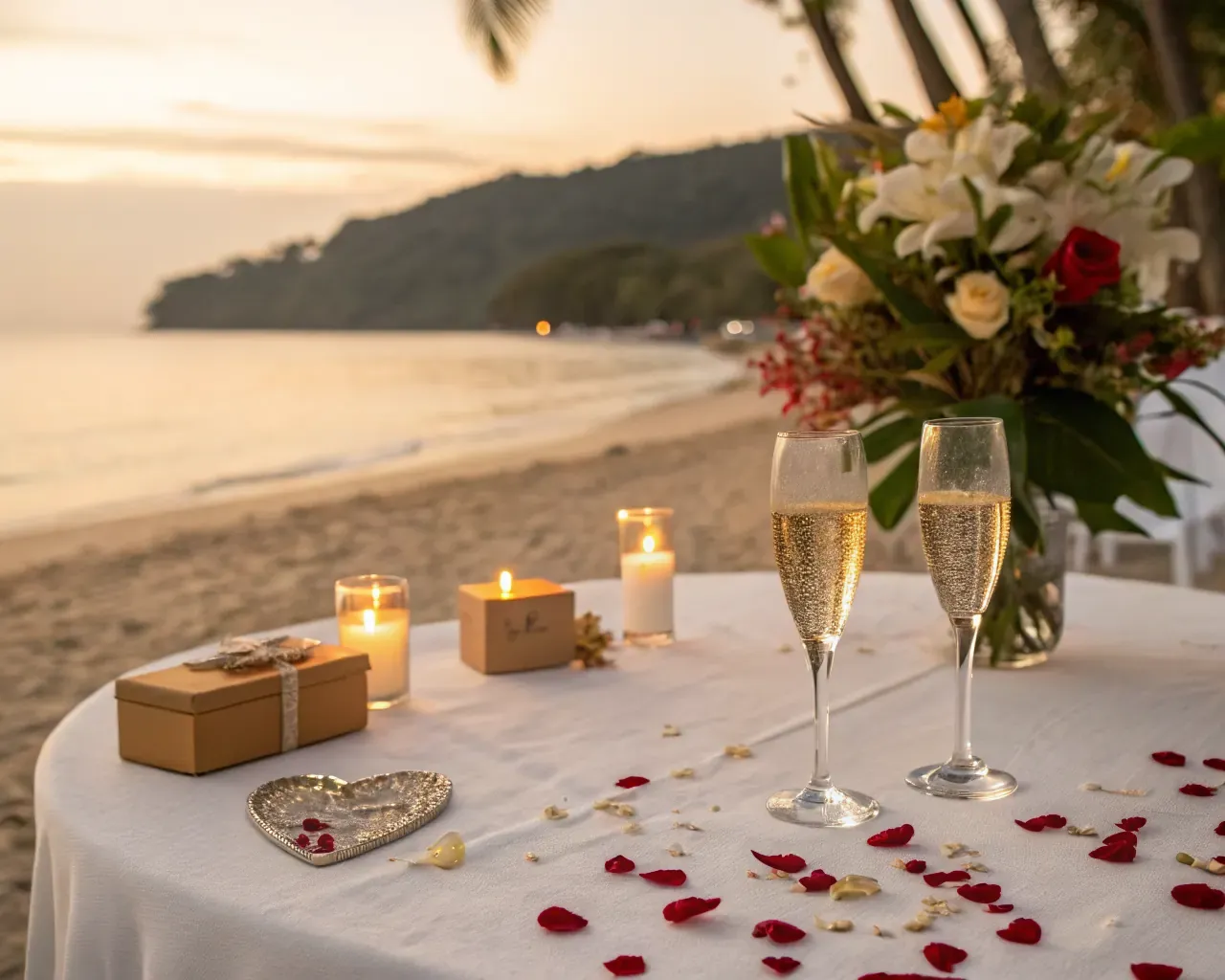 Elegant Costa Rica beach vow renewal ceremony table with champagne and roses