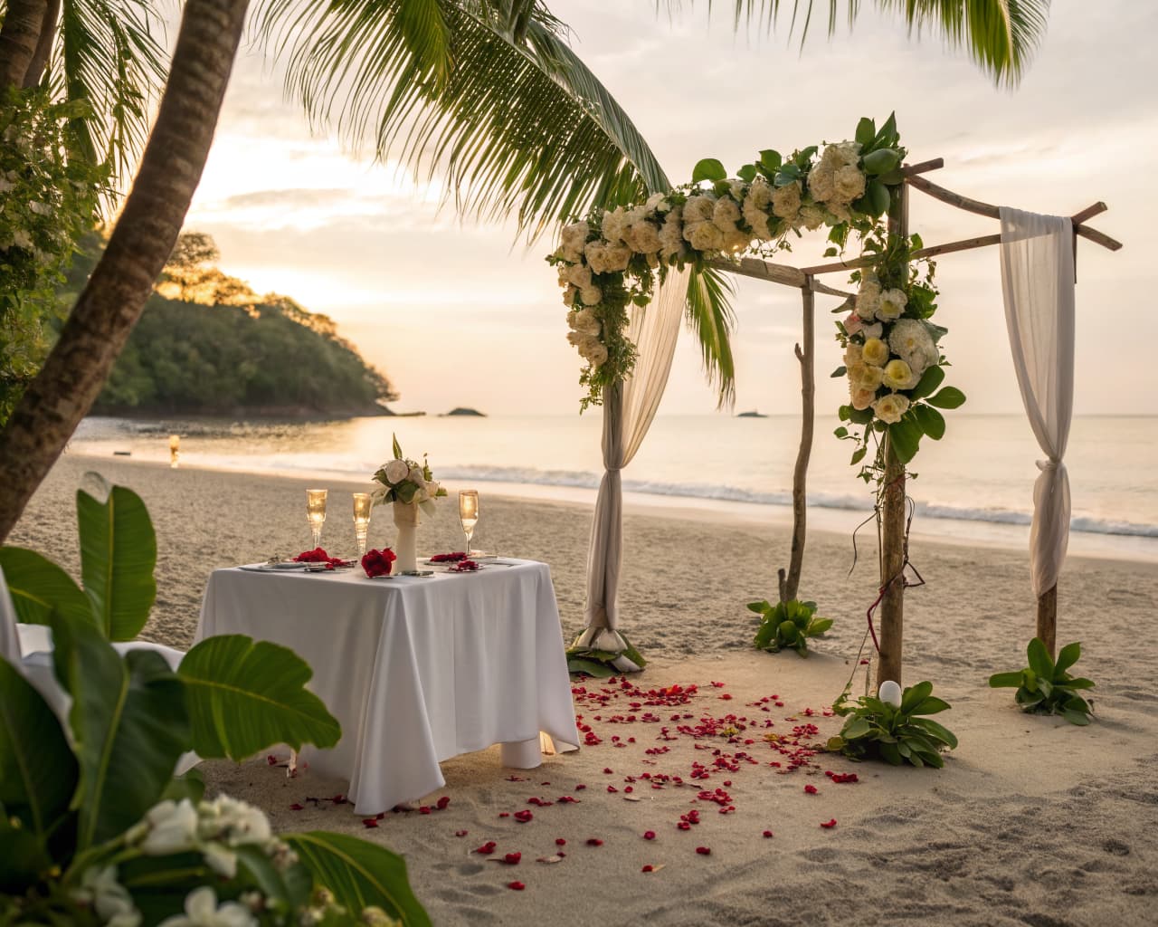 Romantic vow renewal setup with floral arch and champagne on Costa Rica beach