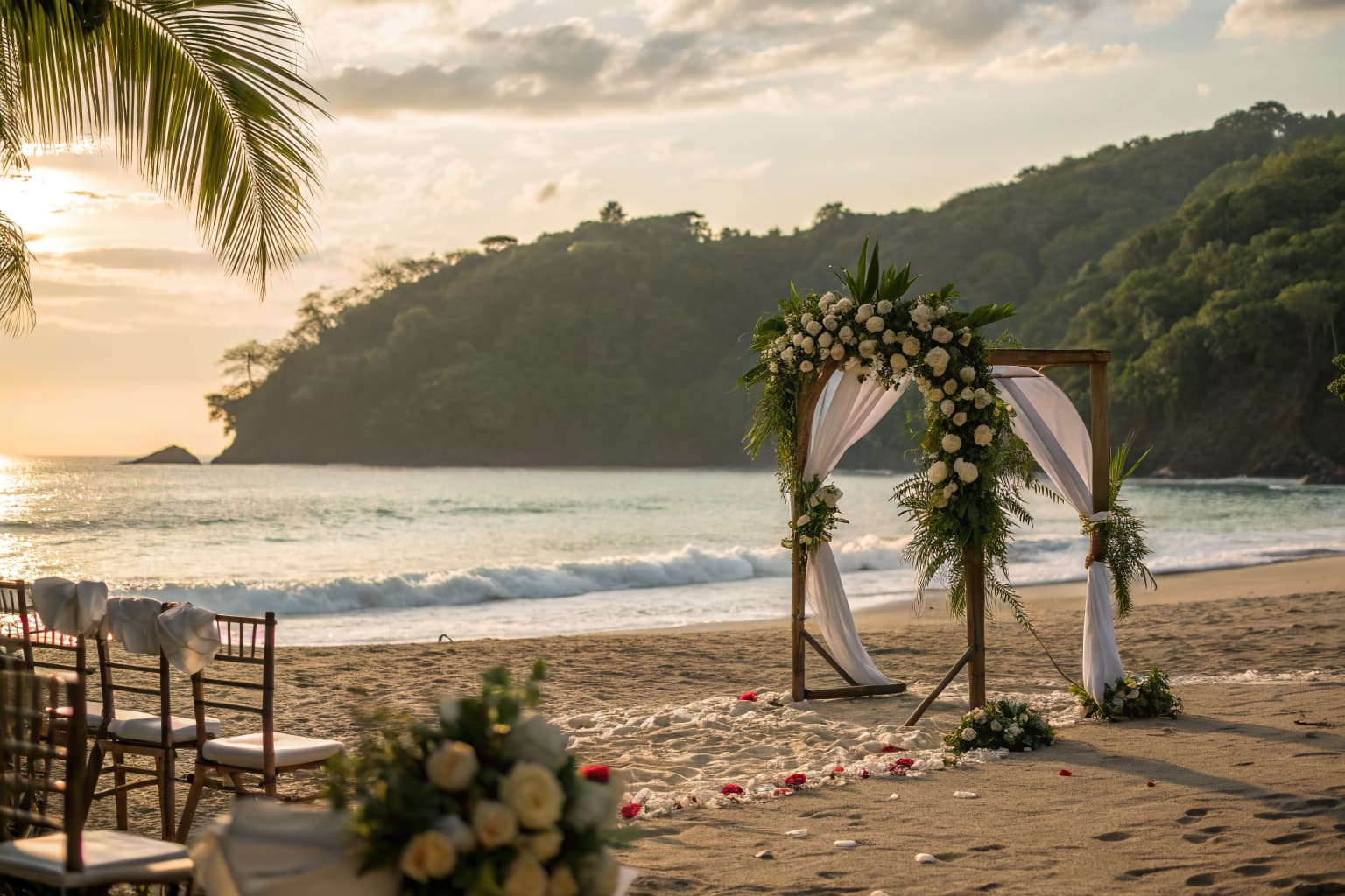 Wedding vow renewal ceremony setup on a Costa Rica beach at sunset