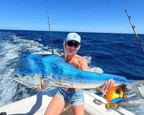 Couple celebrating a mahi-mahi catch on a private offshore fishing charter
